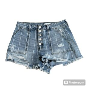 Happily Grey striped jean denim high waisted shorts, distressed button up, 28.